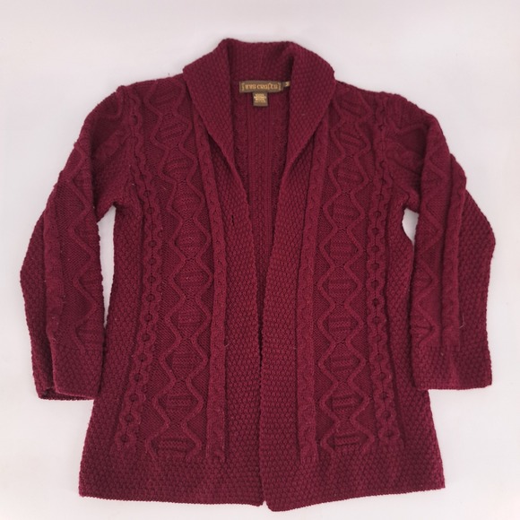 Inis Crafts Womens Sz M Merino Wool Cardigan Sweater RedCable Knit Shawl Collar - Picture 1 of 8